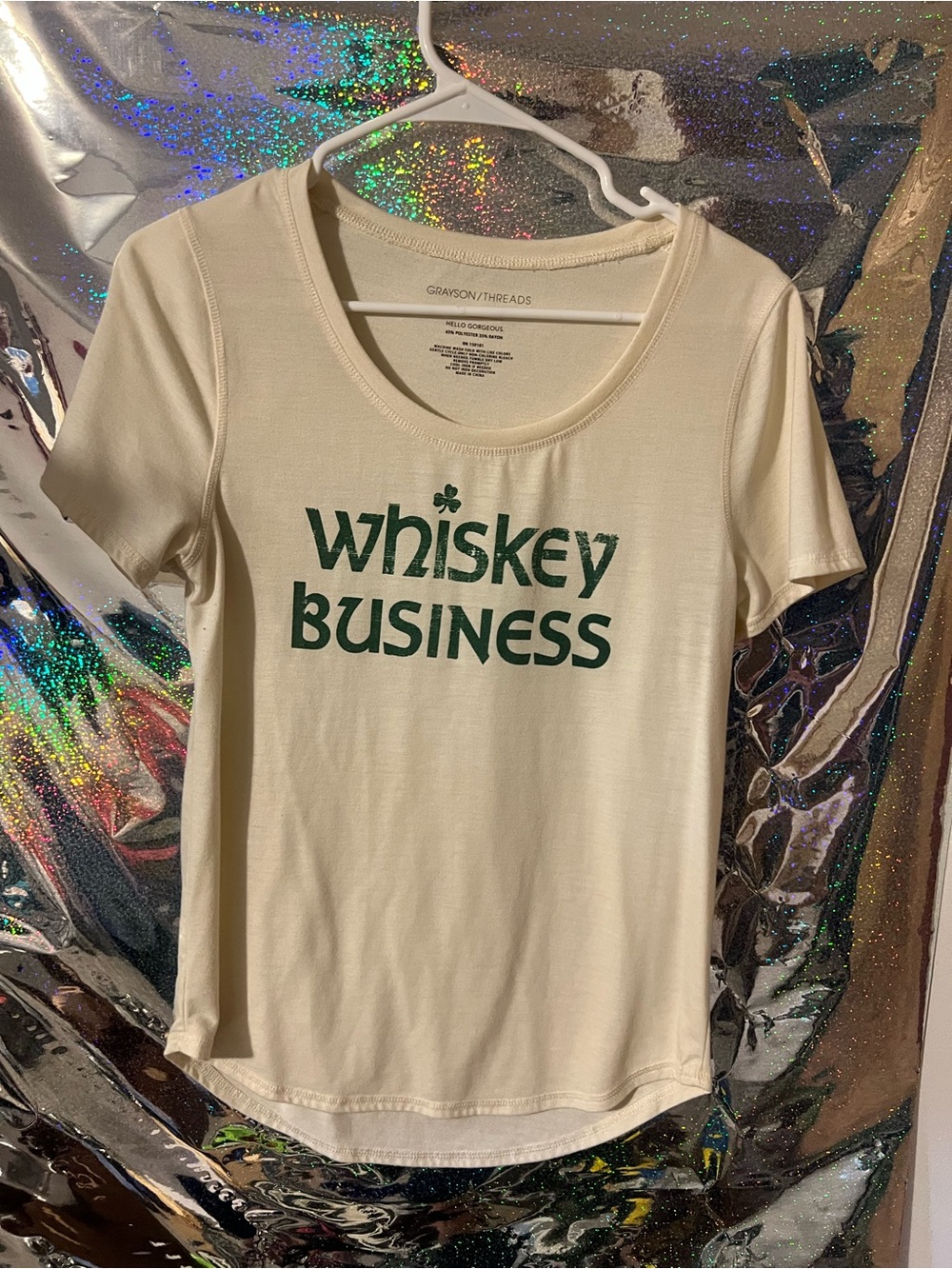 Grayson Threads Cream Tee with Green 'Whiskey Business' Graphic